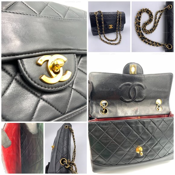 Authentic CHANEL Lambskin Double Chain Small Vintage Flap Black / Gold Hardware - Picture 12 of 17